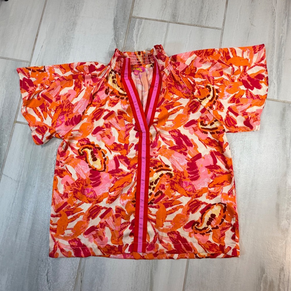 THML Womens Orange Pink Floral Paisley Smocked Neck Blouse WCT2664-MG Small
